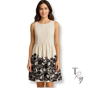 Ann Taylor LOFT Beige & Black Floral Skirt Linen Blend Sleeveless Dress Size 8